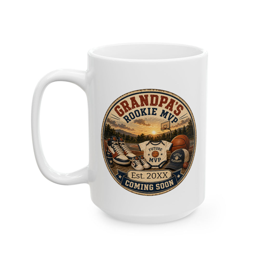 Grandpas Rookie MVP mug in home setting - unique pregnancy reveal keepsake gift for sports loving grandfather