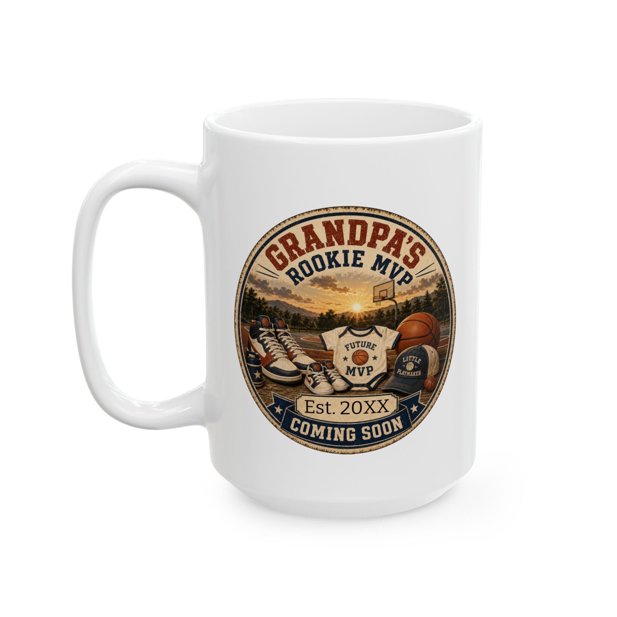 Grandpas Rookie MVP mug in home setting - unique pregnancy reveal keepsake gift for sports loving grandfather