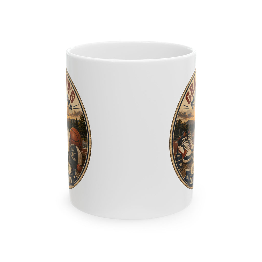 New grandpa basketball mug pregnancy reveal gift - white ceramic with sunset court illustration and baby announcement design