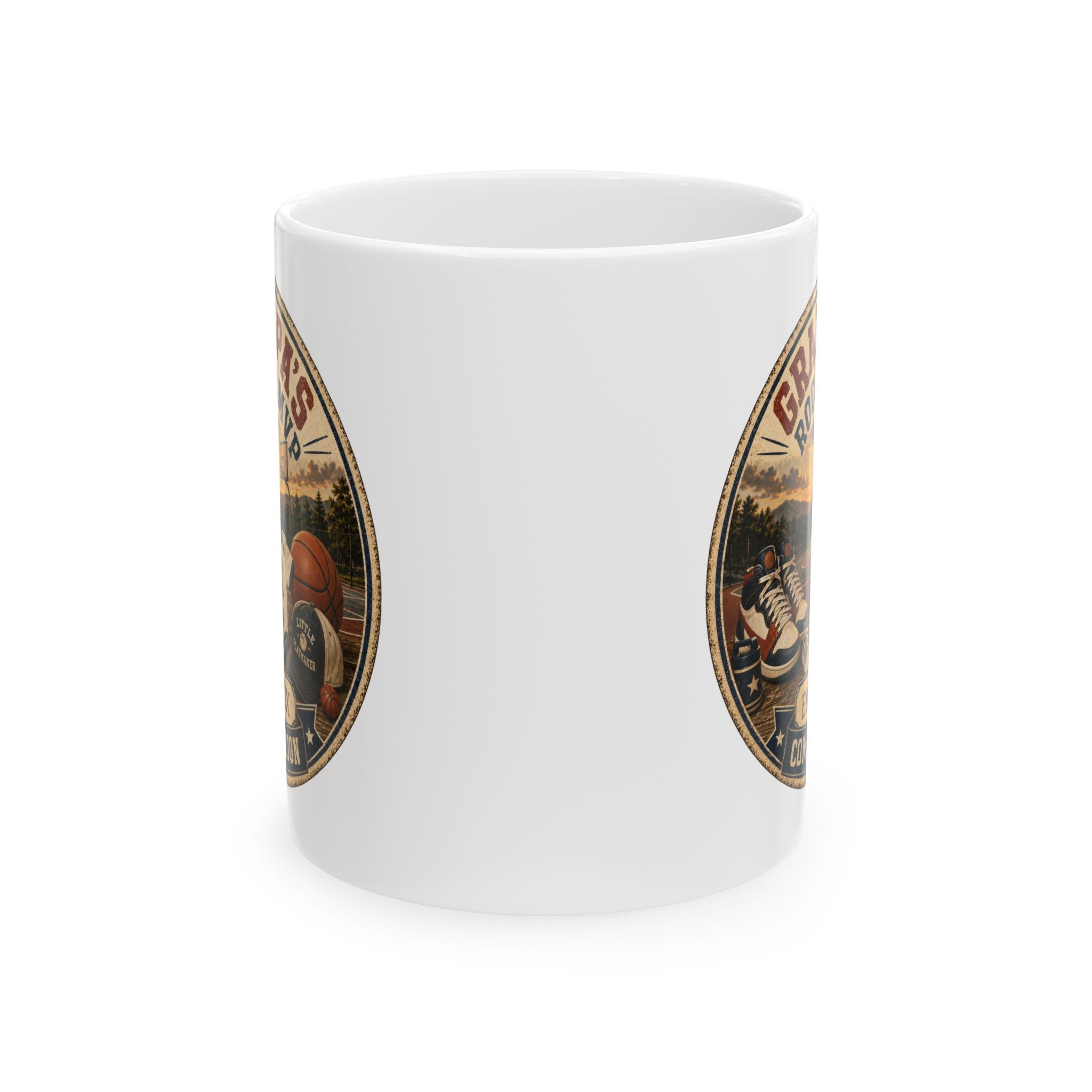 New grandpa basketball mug pregnancy reveal gift - white ceramic with sunset court illustration and baby announcement design