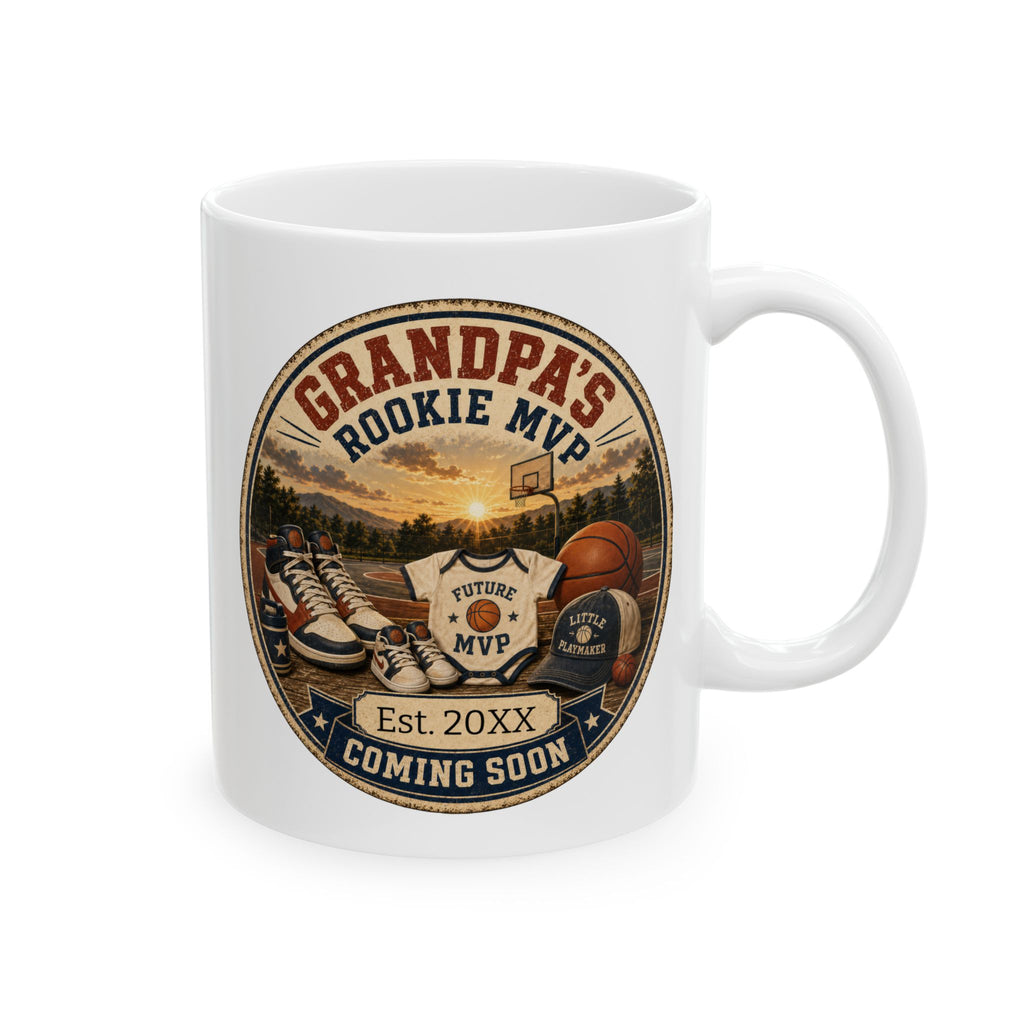 Grandpas Rookie MVP pregnancy announcement mug - vintage badge design with basketball court and Future MVP onesie on white 11oz ceramic