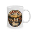 Grandpas Rookie MVP pregnancy announcement mug - vintage badge design with basketball court and Future MVP onesie on white 11oz ceramic