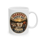 Grandpas Rookie MVP pregnancy announcement mug - vintage badge design with basketball court and Future MVP onesie on white 11oz ceramic