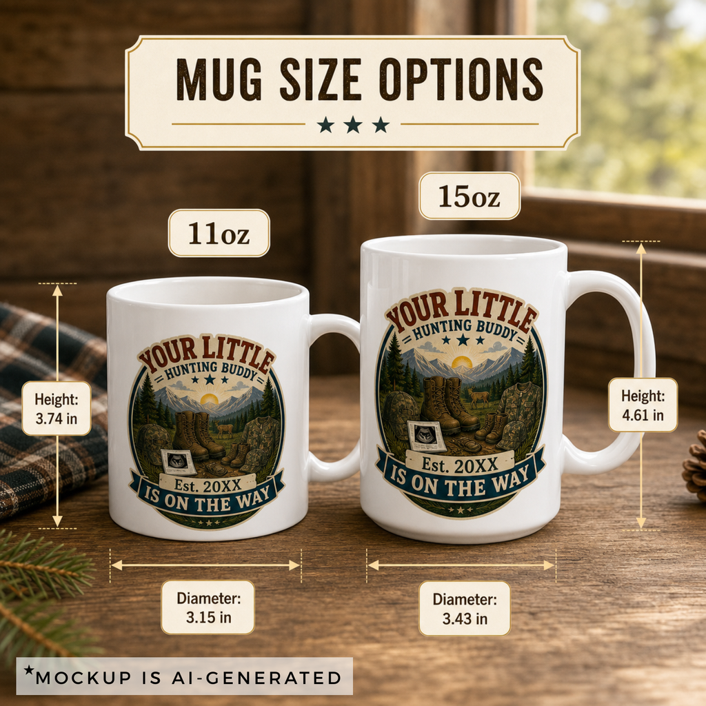 Pregnancy announcement mug 15oz size comparison, hunting buddy design