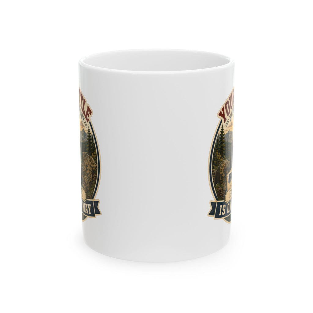 Outdoor dad pregnancy announcement mug on wooden table, lifestyle shot