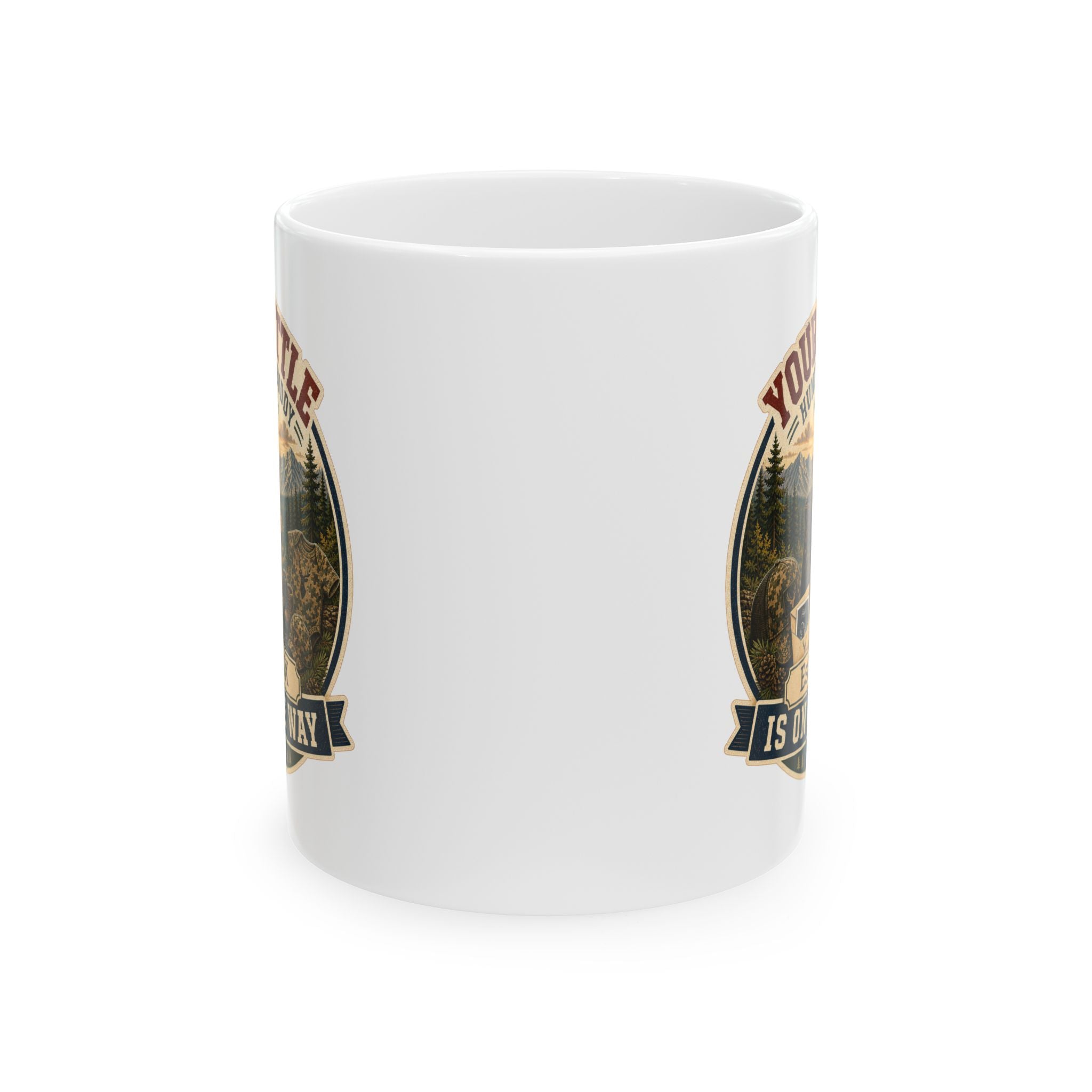 Outdoor dad pregnancy announcement mug on wooden table, lifestyle shot