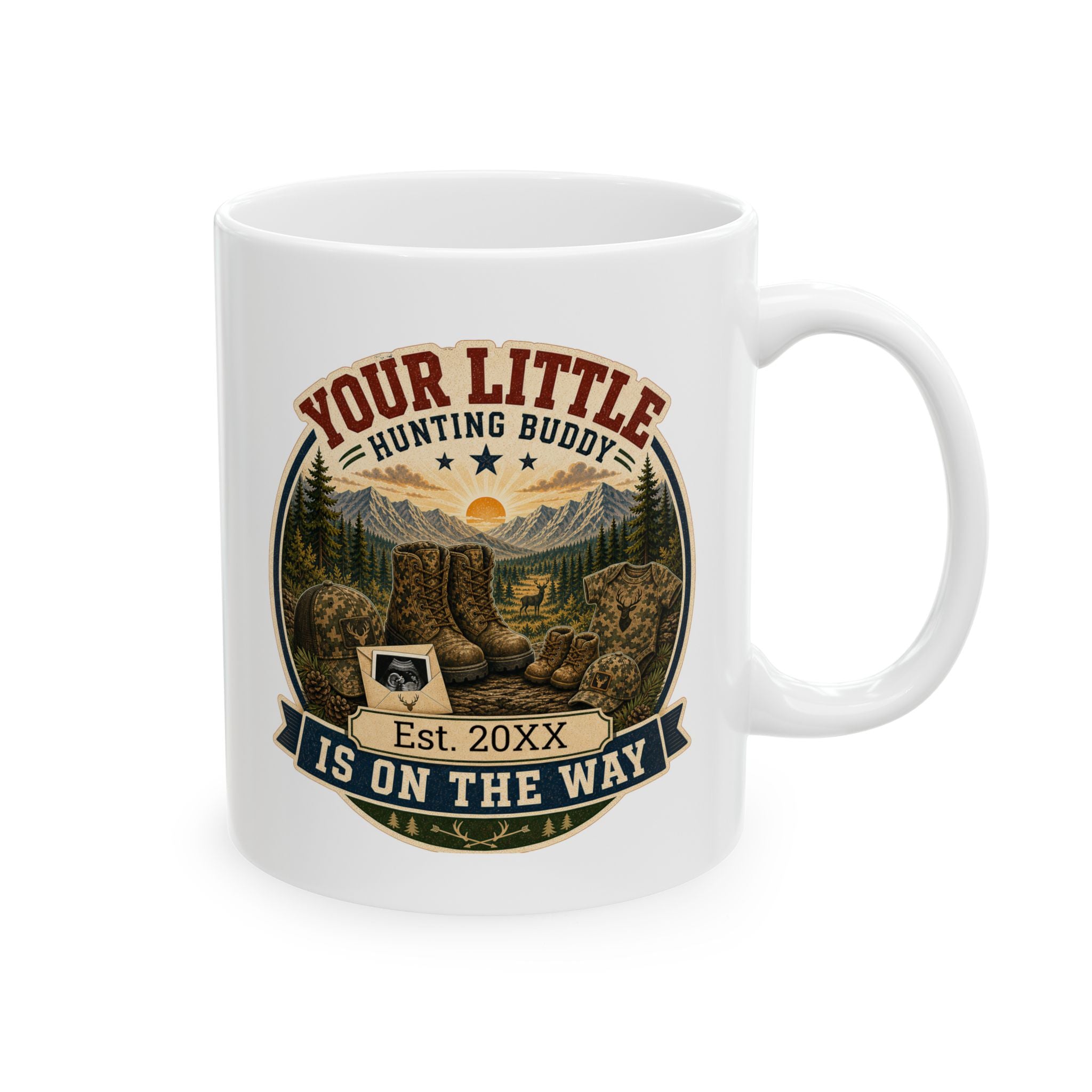 Hunting buddy is on the way pregnancy announcement mug with outdoor illustration, front view 11oz