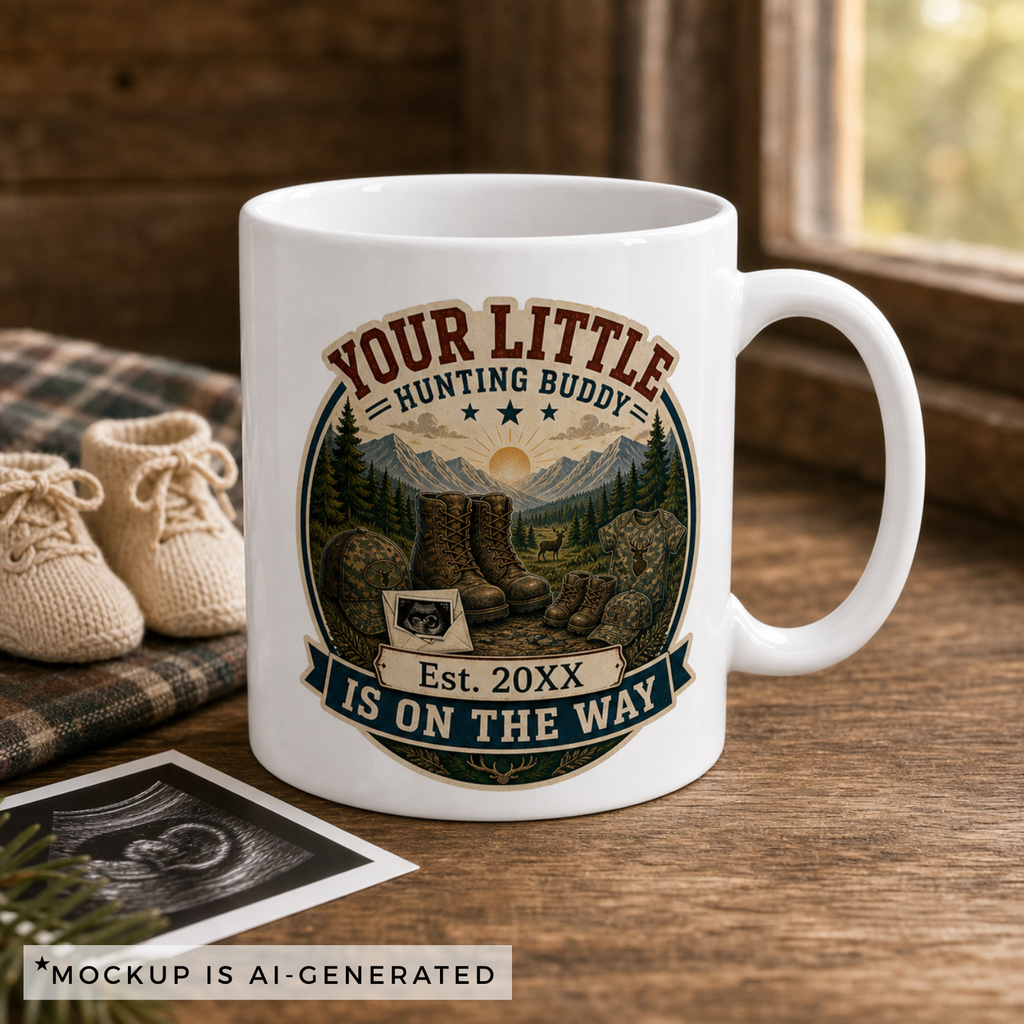 Personalized pregnancy announcement mug for hunting dad, white background product shot