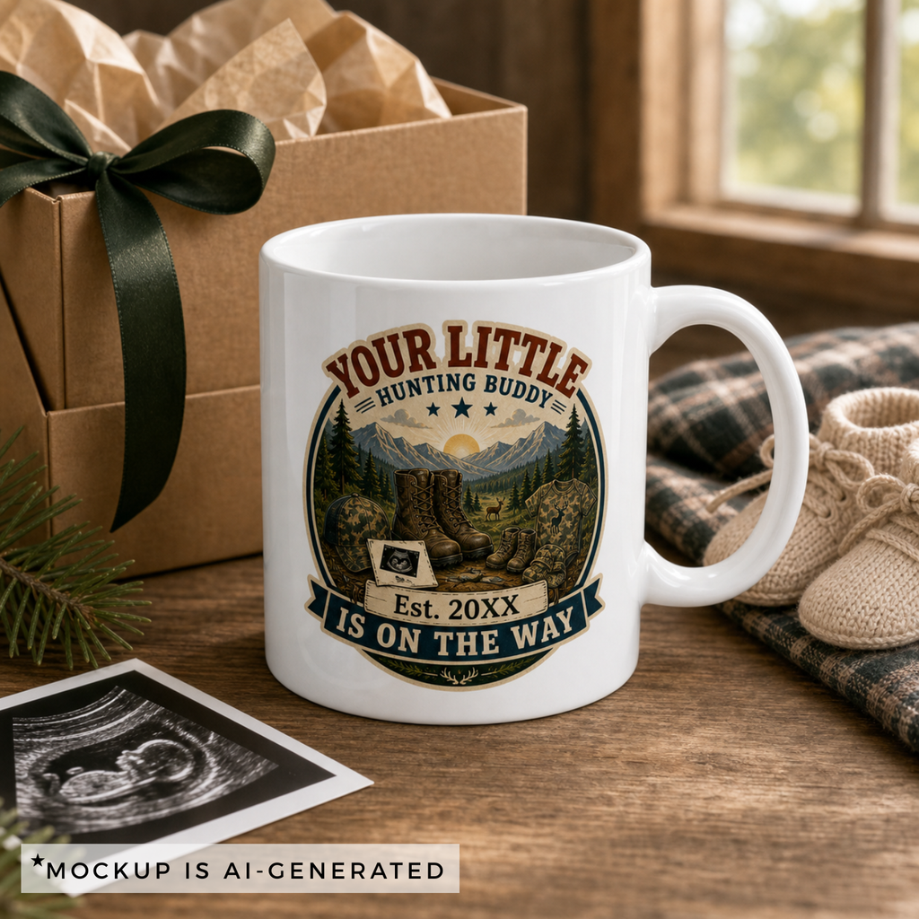 Custom year pregnancy announcement mug with camo boots and deer illustration, side view