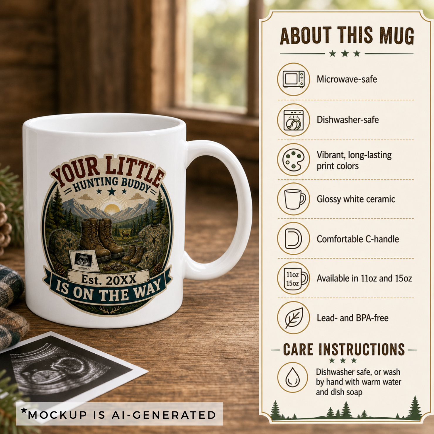 Personalized hunting dad mug close-up showing Est year detail and ultrasound photo illustration