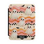 Kawaii ghost retro wave Halloween personalized Kindle cover - cute ghosts with rosy cheeks on pink orange waves checkered border bats sparkles and custom name