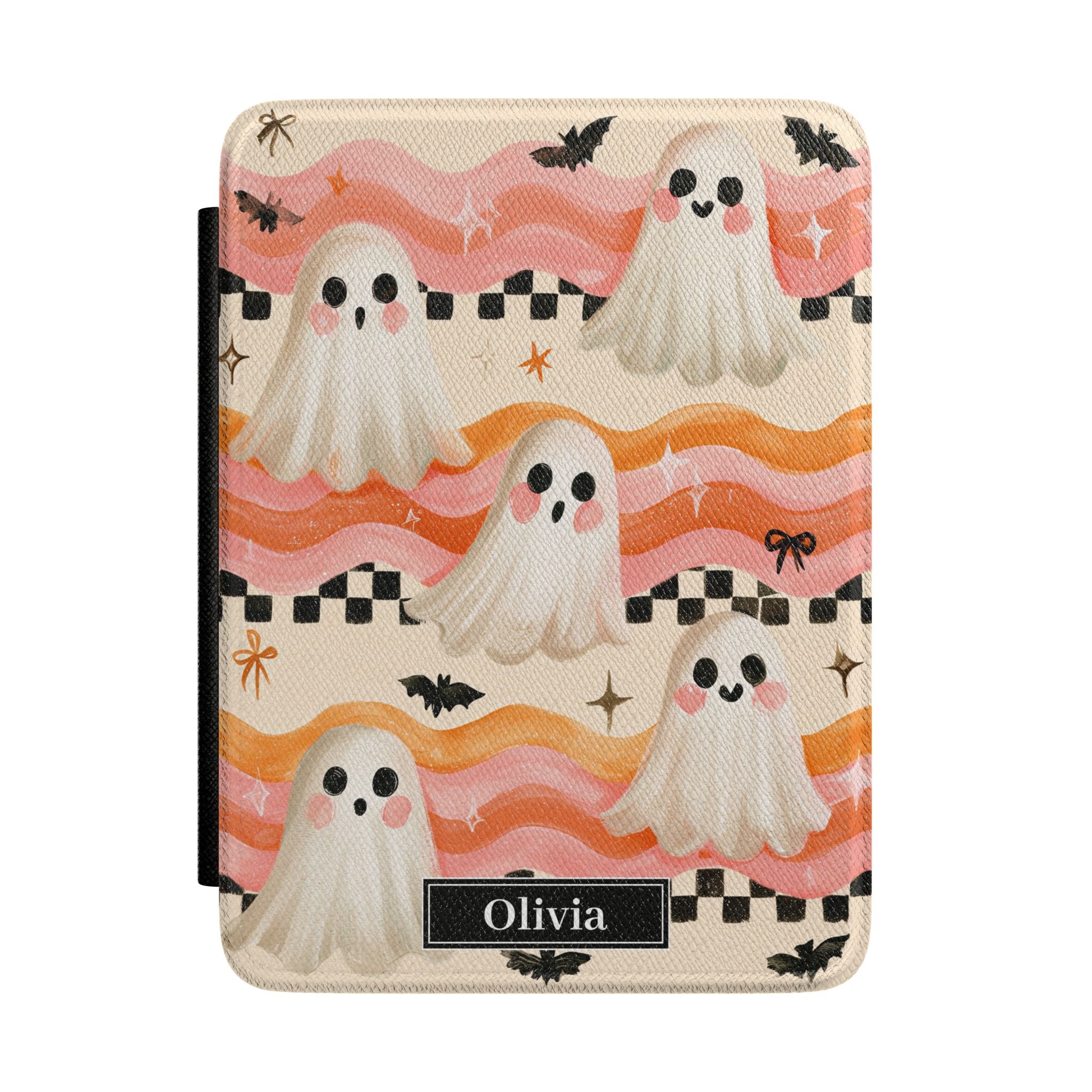 Kawaii ghost retro wave Halloween personalized Kindle cover - cute ghosts with rosy cheeks on pink orange waves checkered border bats sparkles and custom name