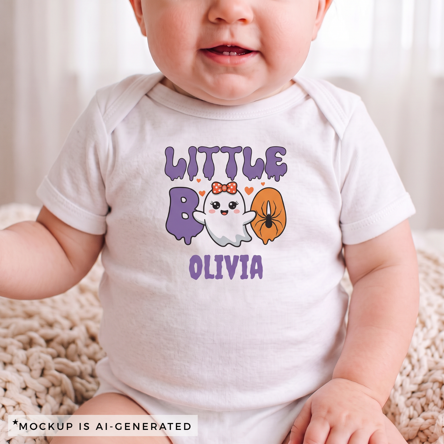 Close-up of Little Boo Halloween onesie design - kawaii ghost with bow polka dot spider hearts and personalized name