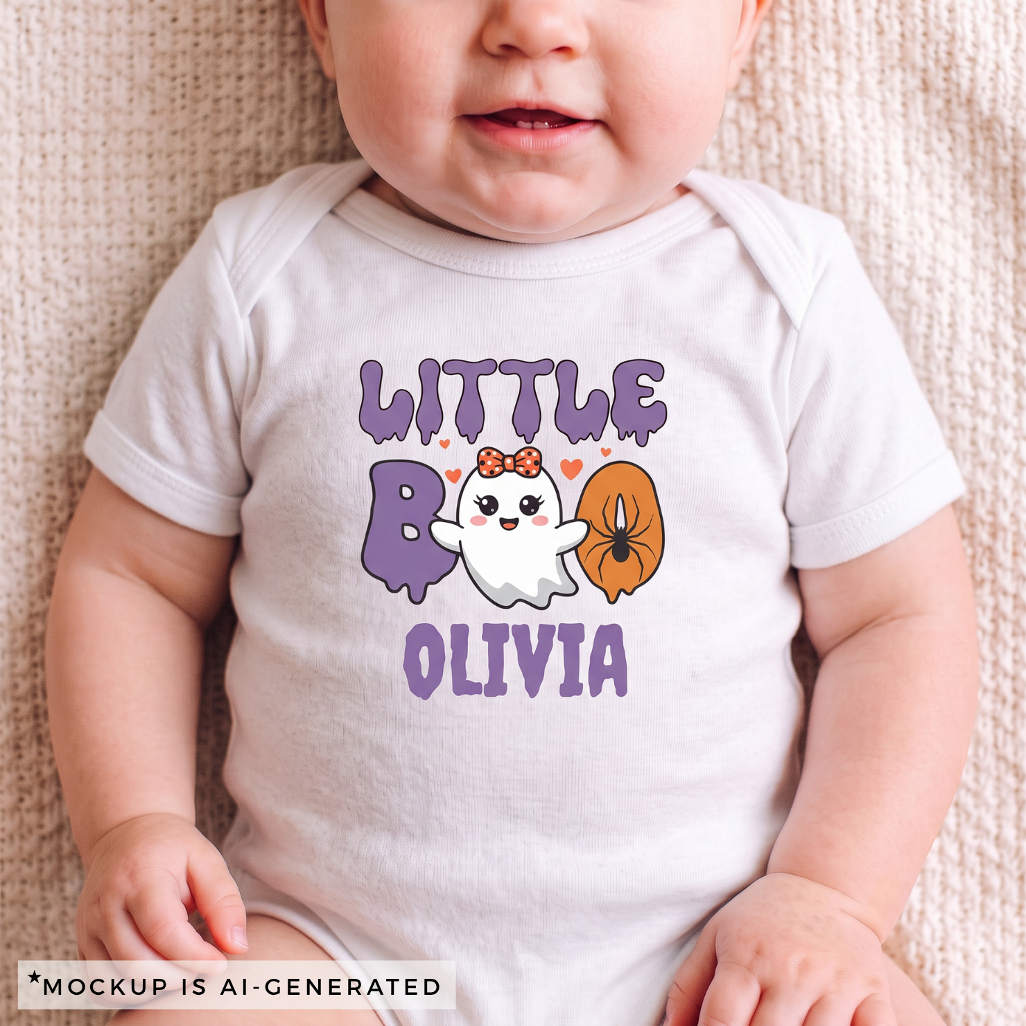 Little Boo Halloween baby bodysuit flat lay - purple and orange kawaii ghost design with custom name