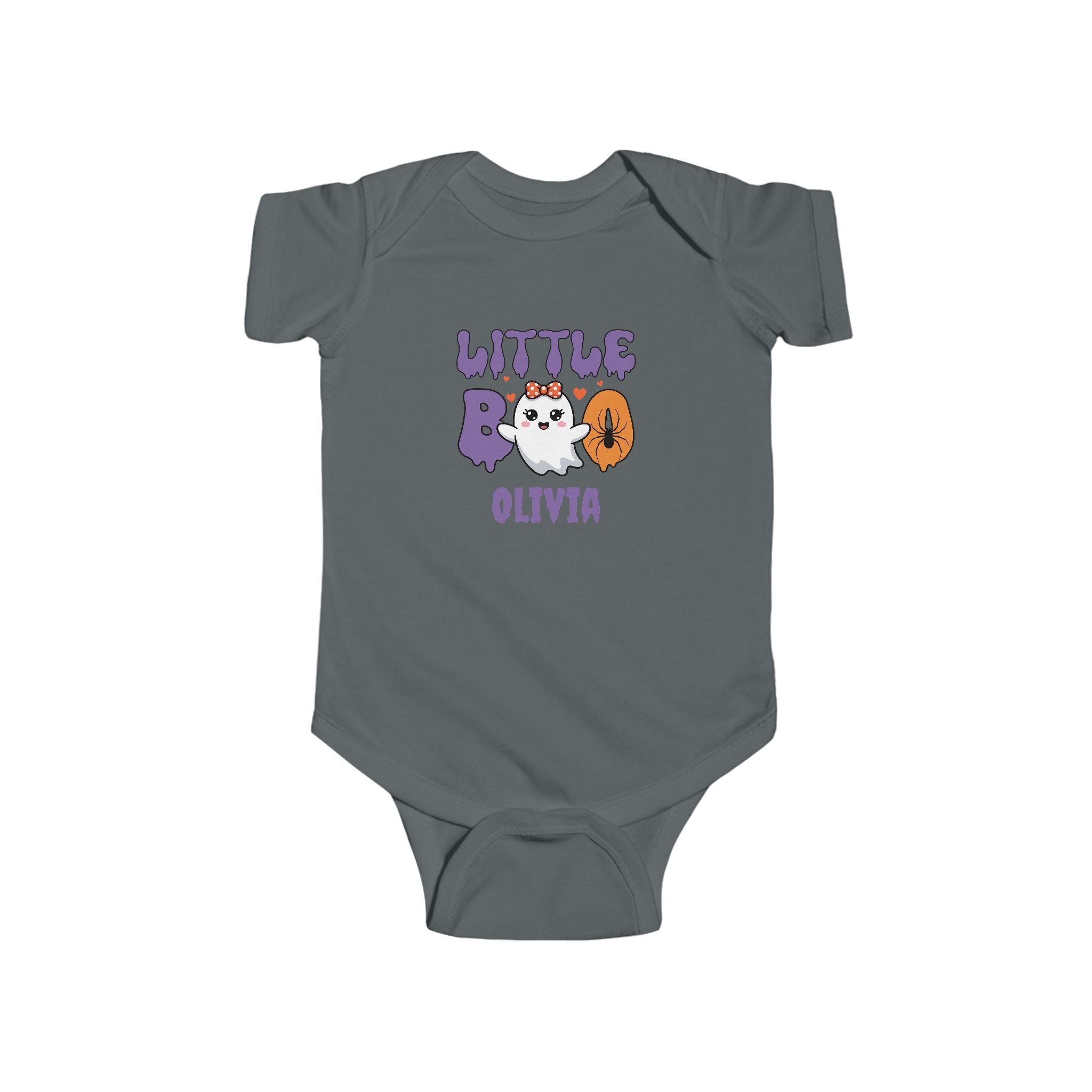 Little Boo personalized Halloween baby bodysuit in heather - cute ghost with bow design first halloween gift
