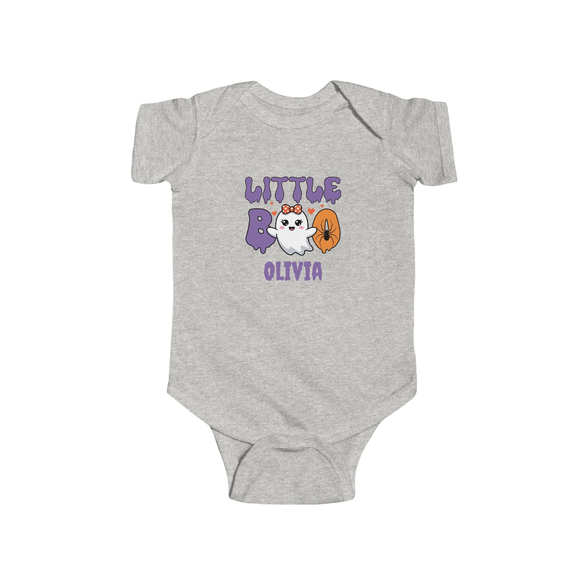 Little Boo Halloween baby onesie in pink - personalized kawaii ghost Halloween bodysuit with custom name