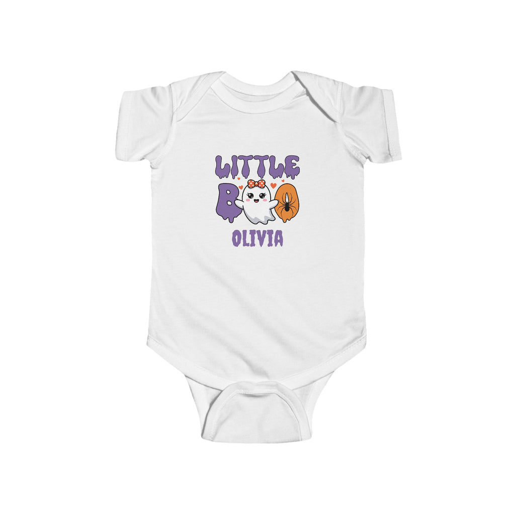 Little Boo Halloween personalized baby onesie in white - kawaii ghost with bow spider and hearts in purple and orange with custom baby name