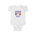 Little Boo Halloween personalized baby onesie in white - kawaii ghost with bow spider and hearts in purple and orange with custom baby name