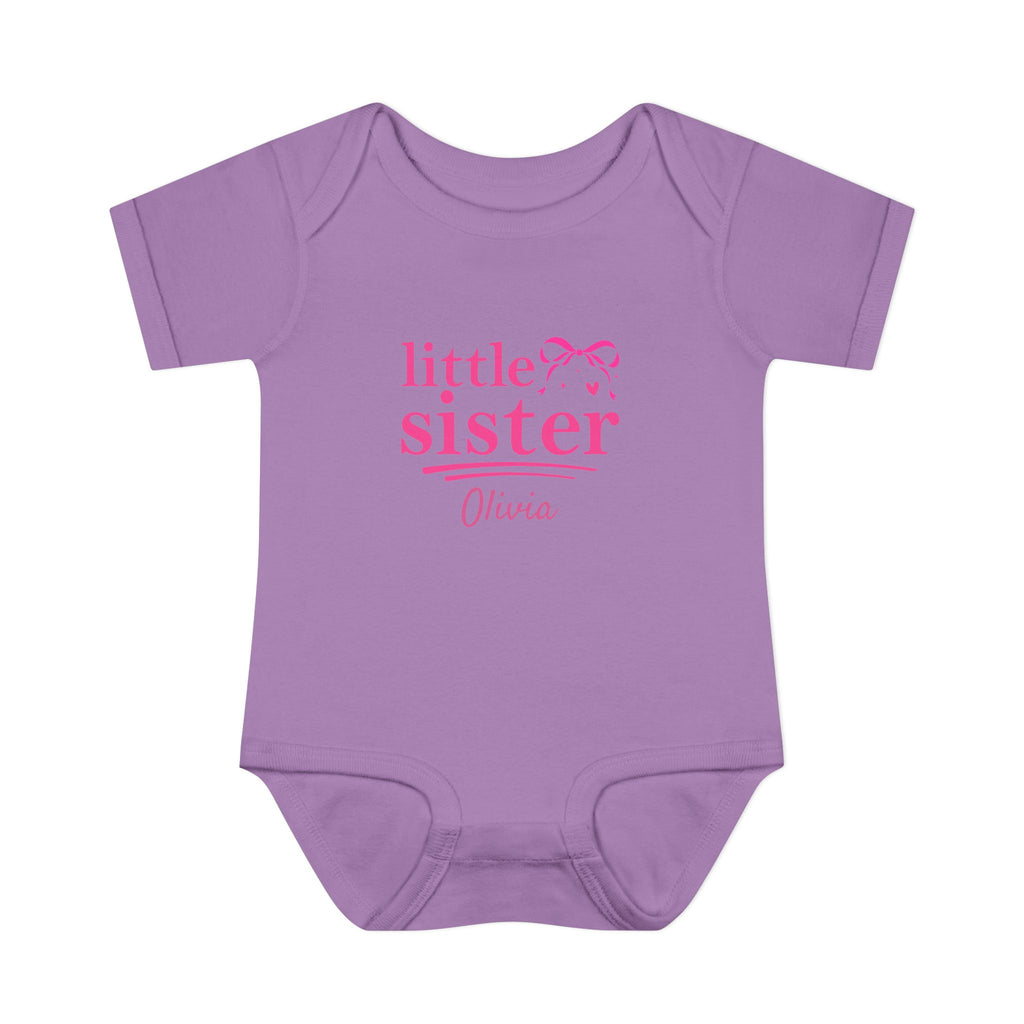 Little Sister coquette onesie in ballerina pink - personalized sibling reveal baby gift with custom name