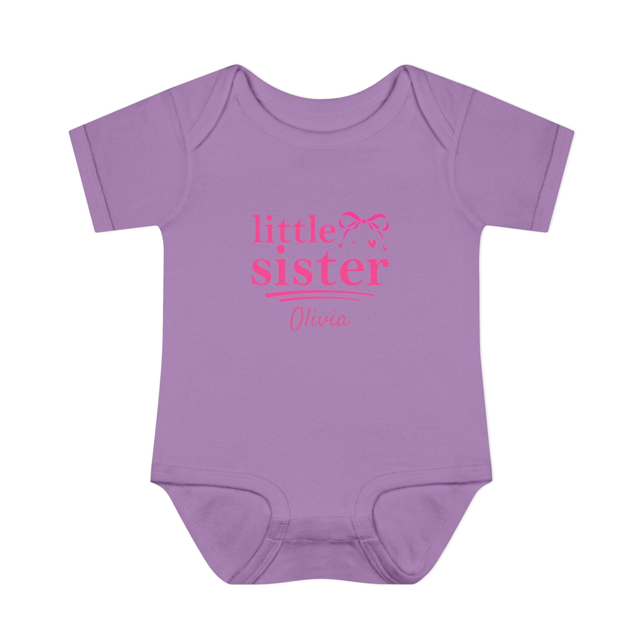 Little Sister coquette onesie in ballerina pink - personalized sibling reveal baby gift with custom name