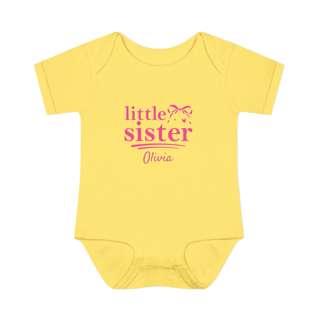 Little Sister personalized baby bodysuit in butter yellow - cute coquette bow onesie with custom name for new baby