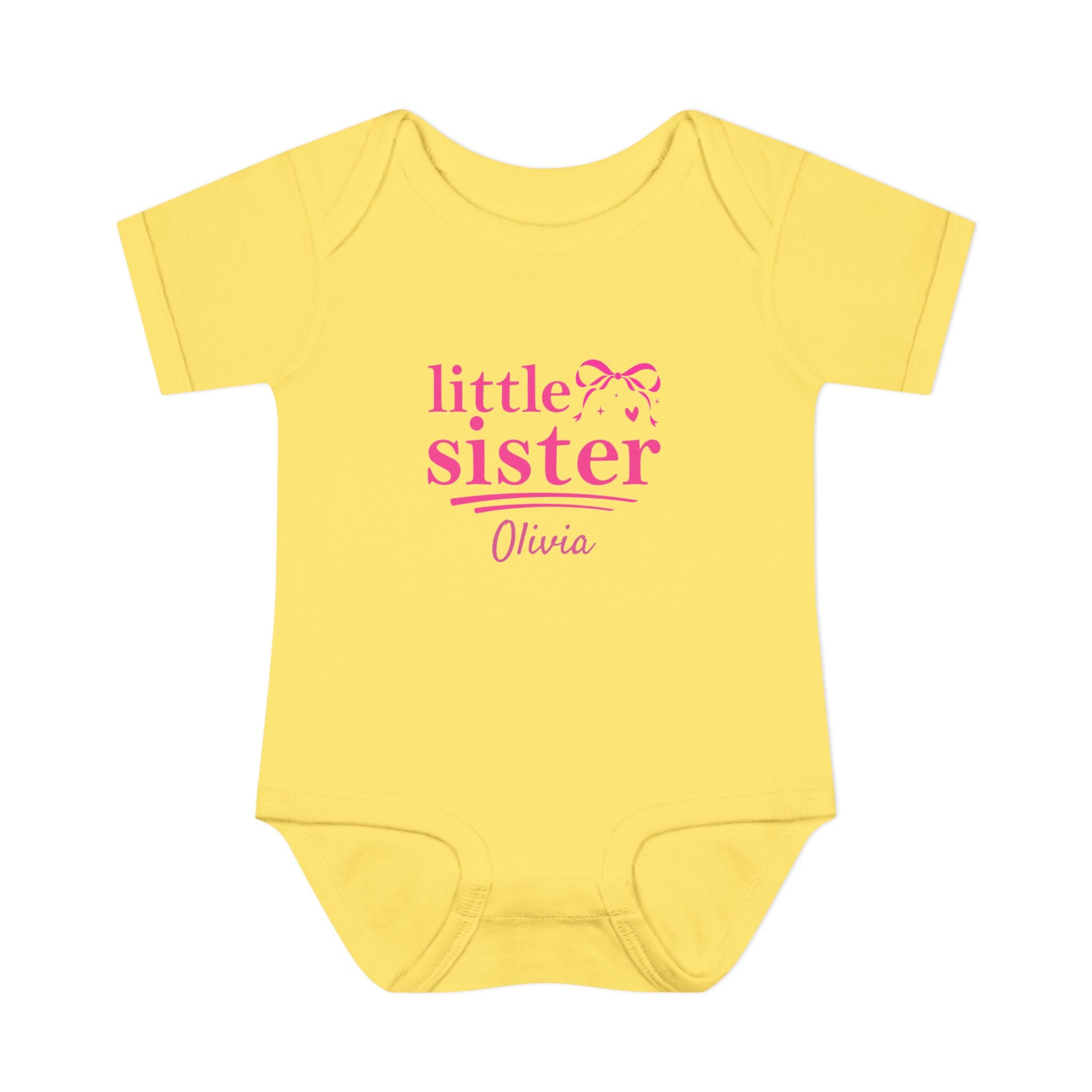 Little Sister personalized baby bodysuit in butter yellow - cute coquette bow onesie with custom name for new baby