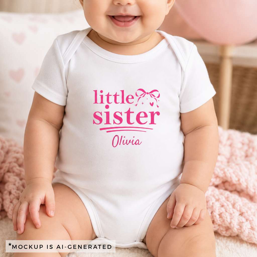 Little Sister onesie flat lay in white - hot pink coquette bow design with baby name in script font