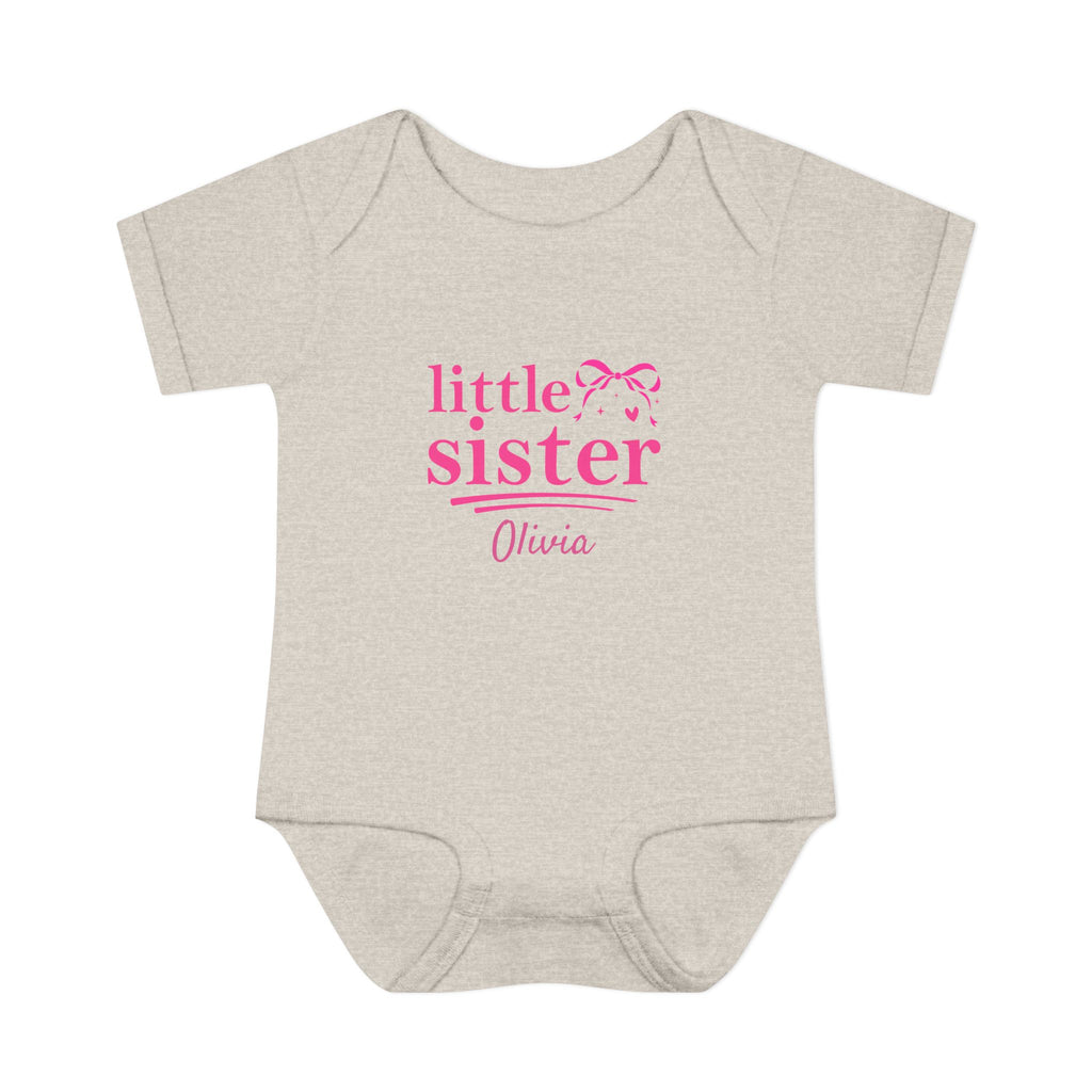 Personalized Little Sister baby onesie in lavender - coquette bow design pregnancy announcement new baby gift