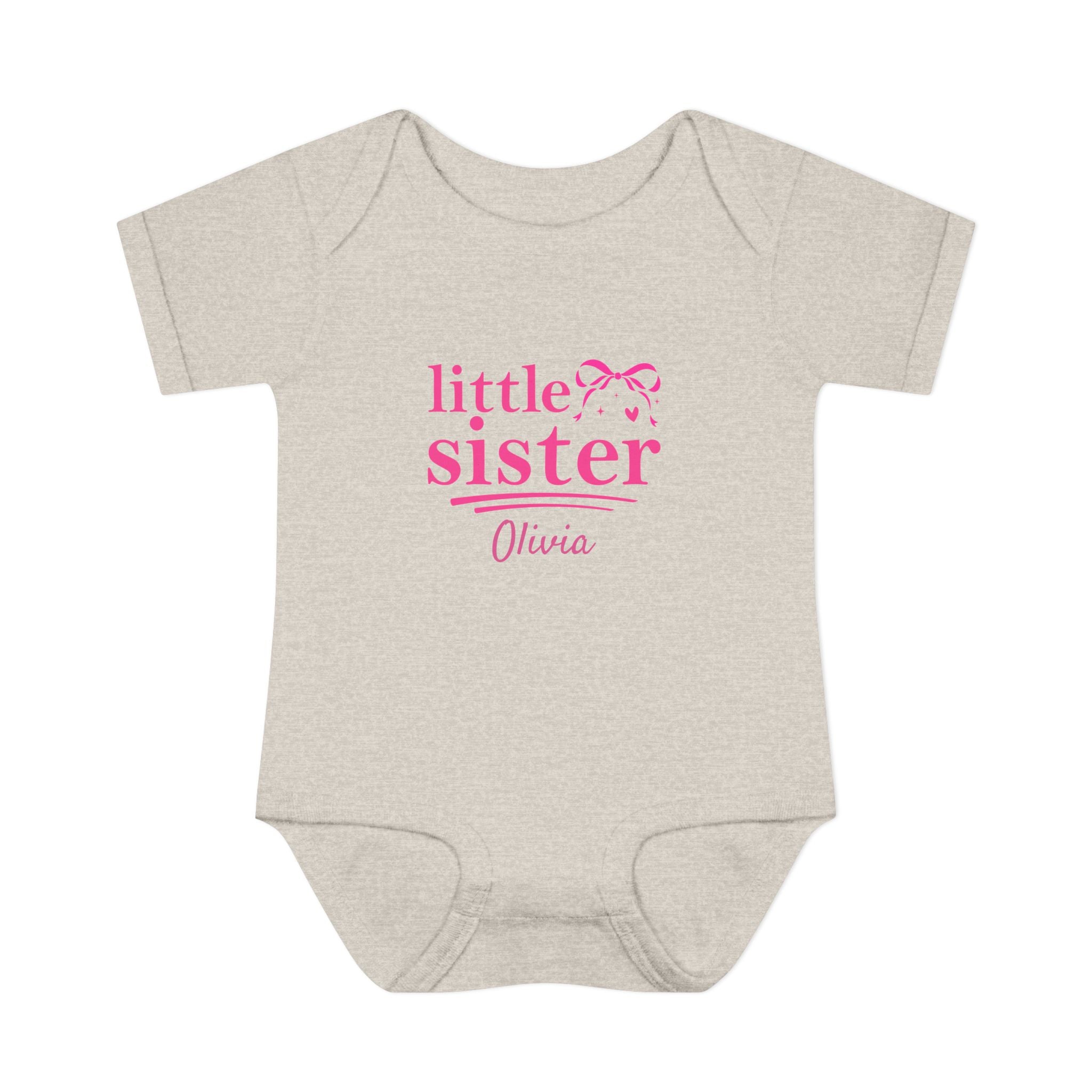 Personalized Little Sister baby onesie in lavender - coquette bow design pregnancy announcement new baby gift