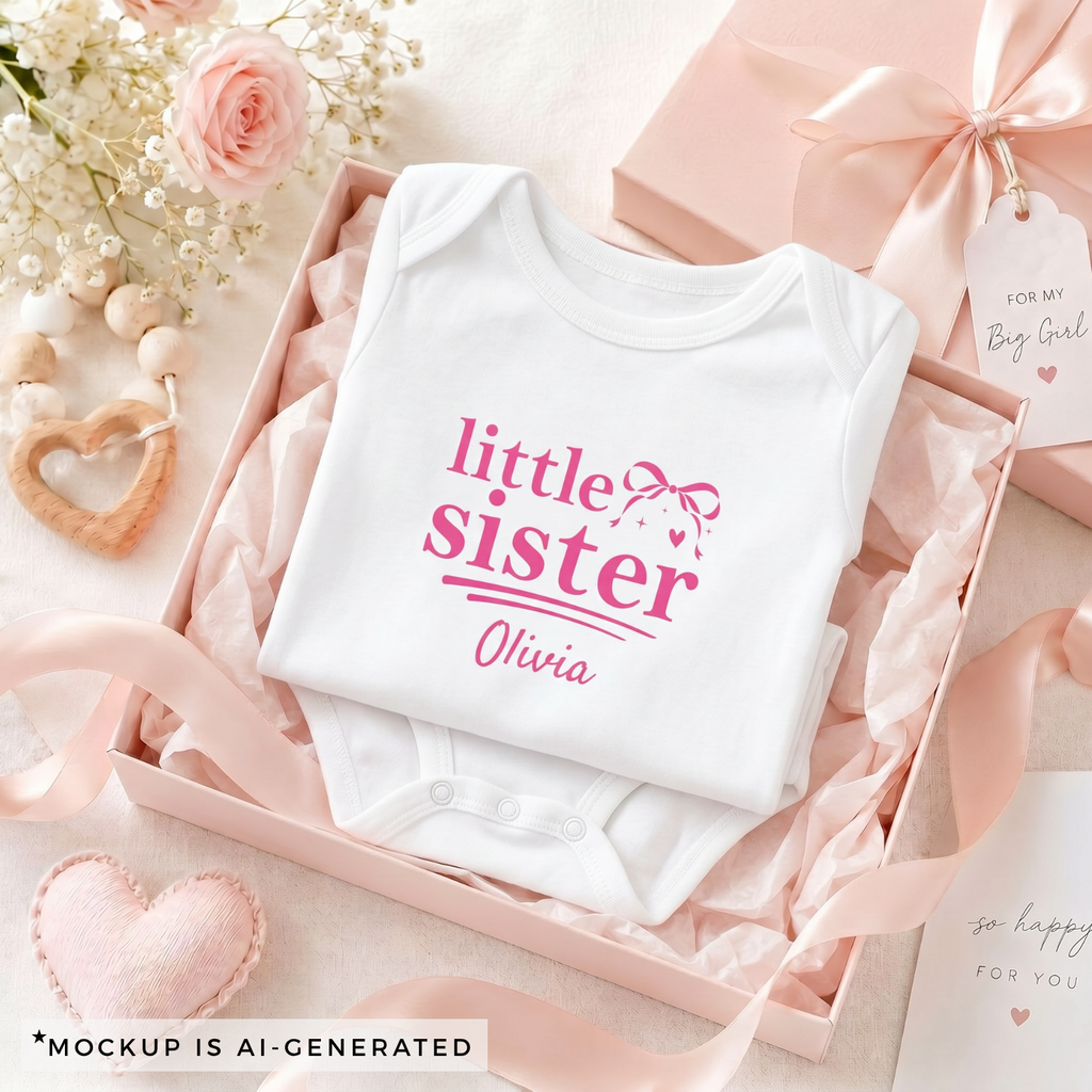 Little Sister coquette onesie in pink - personalized baby bodysuit with bow sparkles and custom name
