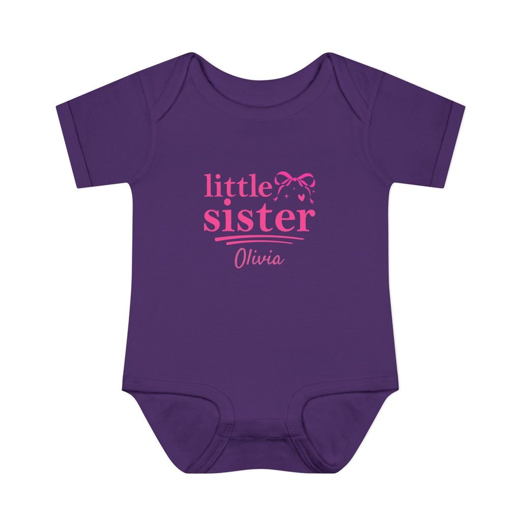 Personalized Little Sister baby onesie size guide - available in NB 6M 12M 18M and 24M in 8 colors