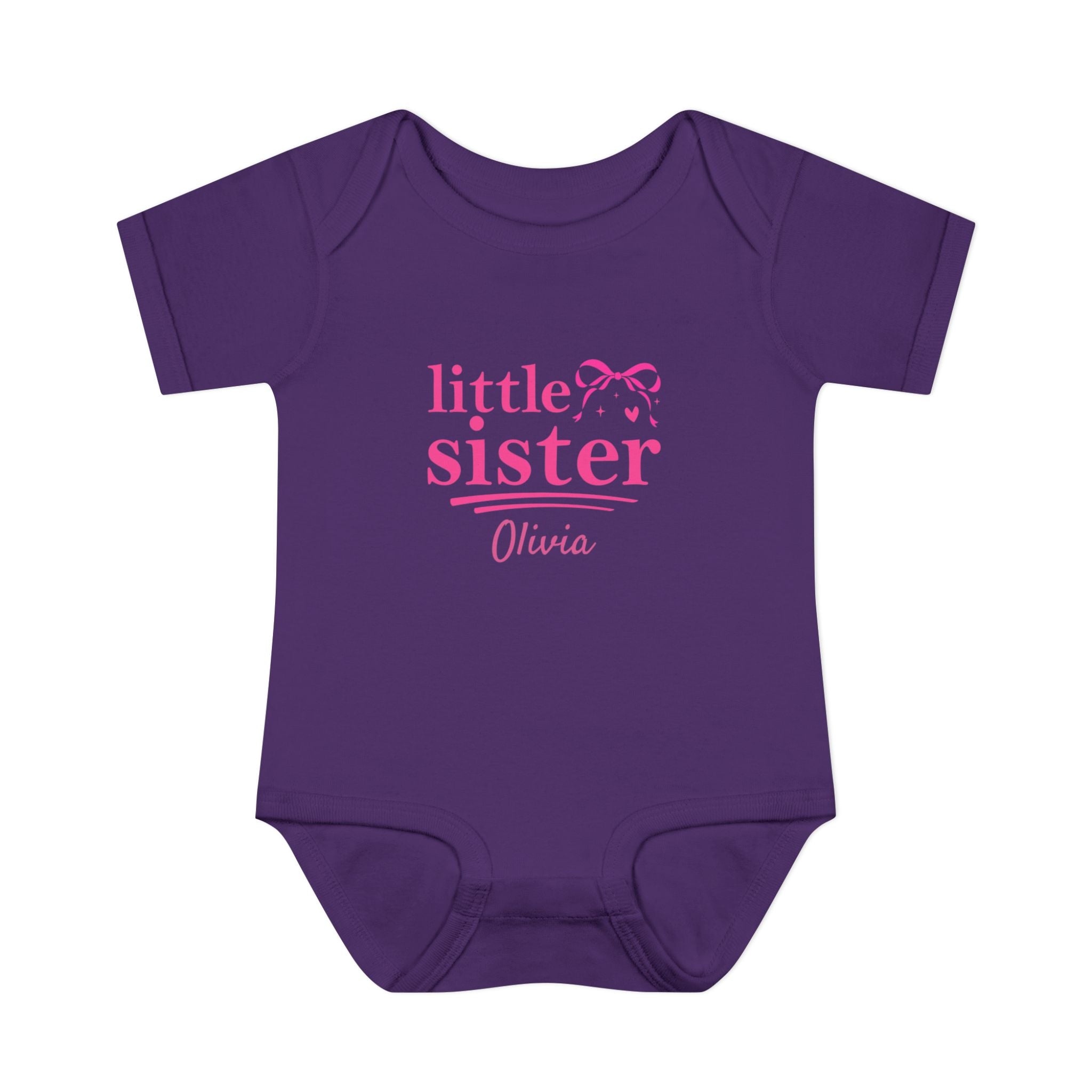 Personalized Little Sister baby onesie size guide - available in NB 6M 12M 18M and 24M in 8 colors