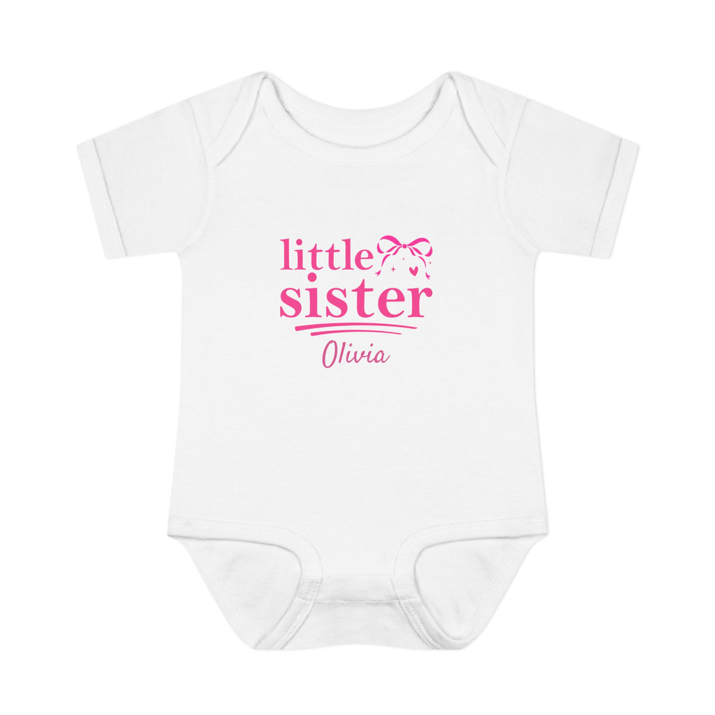Little Sister coquette bow personalized onesie in white - hot pink bow design with sparkles heart and custom baby name