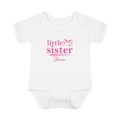 Little Sister coquette bow personalized onesie in white - hot pink bow design with sparkles heart and custom baby name