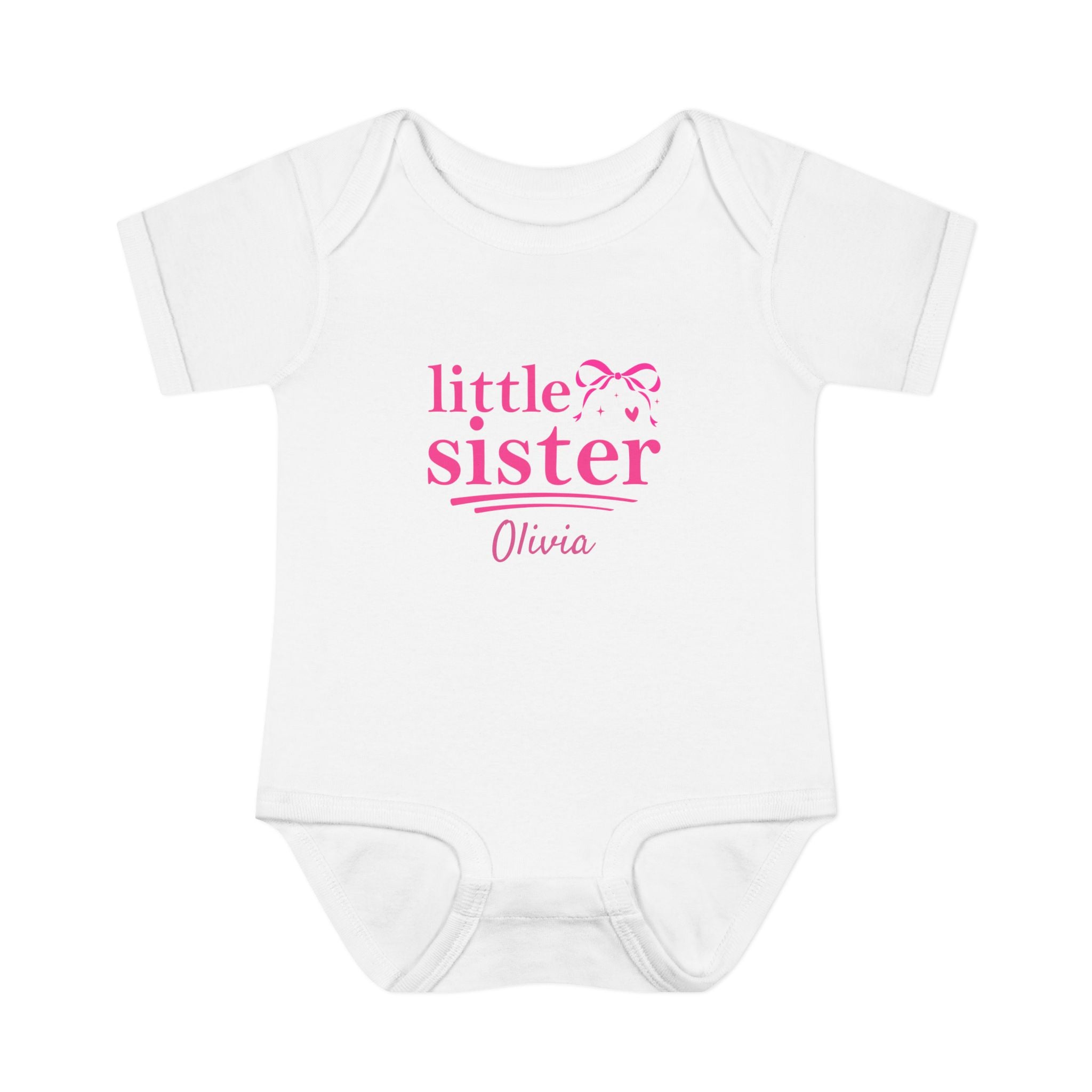 Little Sister coquette bow personalized onesie in white - hot pink bow design with sparkles heart and custom baby name