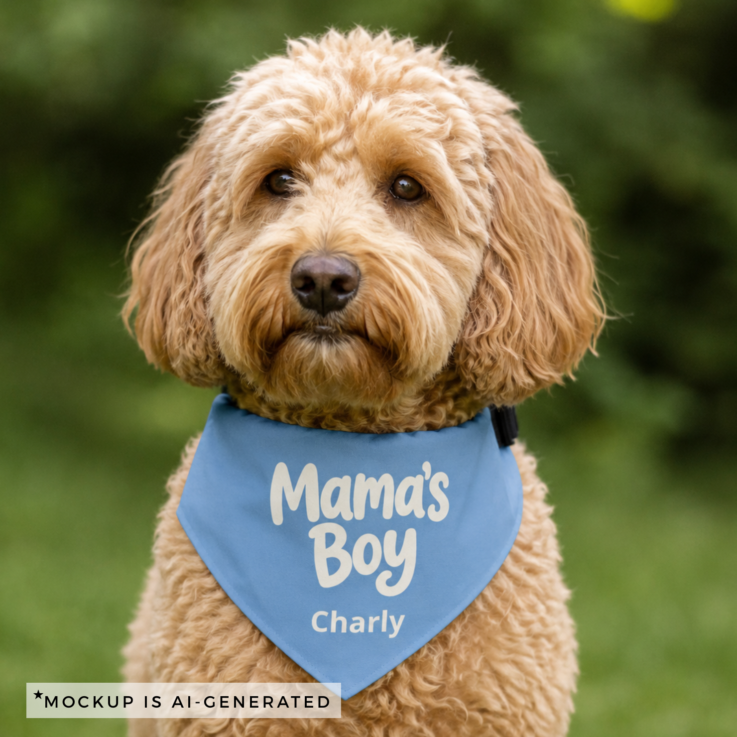 Close-up of Mamas Boy dog bandana personalization - cream bold typography with custom pet name