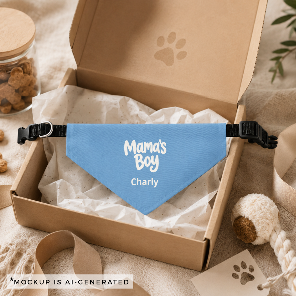 Personalized dog bandana flat lay - sky blue with Mamas Boy design and adjustable nylon strap