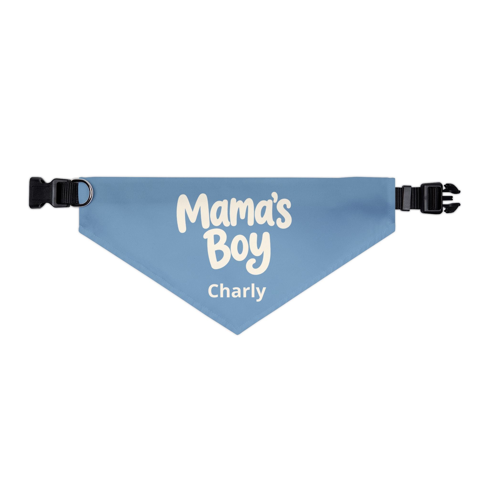 Mamas Boy personalized dog bandana in sky blue with cream typography and custom pet name - adjustable nylon collar strap