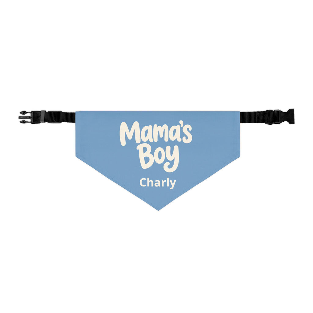 Personalized pet gift bandana in home setting - cute Mamas Boy dog accessory with custom name