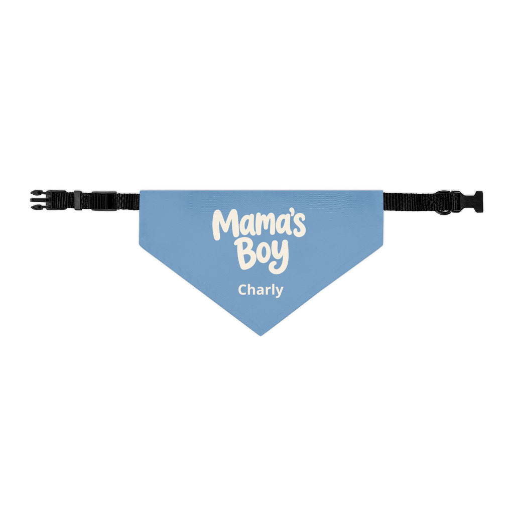 Personalized dog bandana for dog moms - Mamas Boy design in blue with dogs name printed below