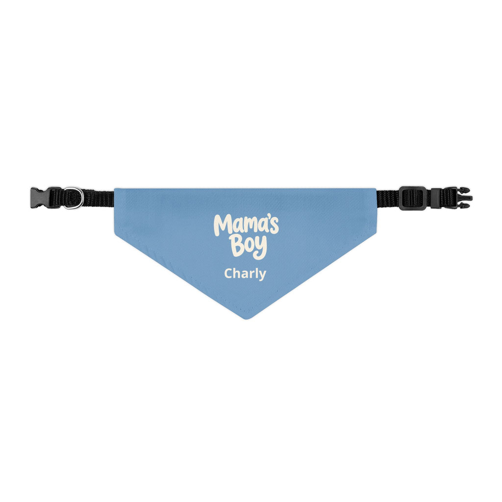 Custom dog name bandana on dog - sky blue Mamas Boy bandana with quick release buckle collar