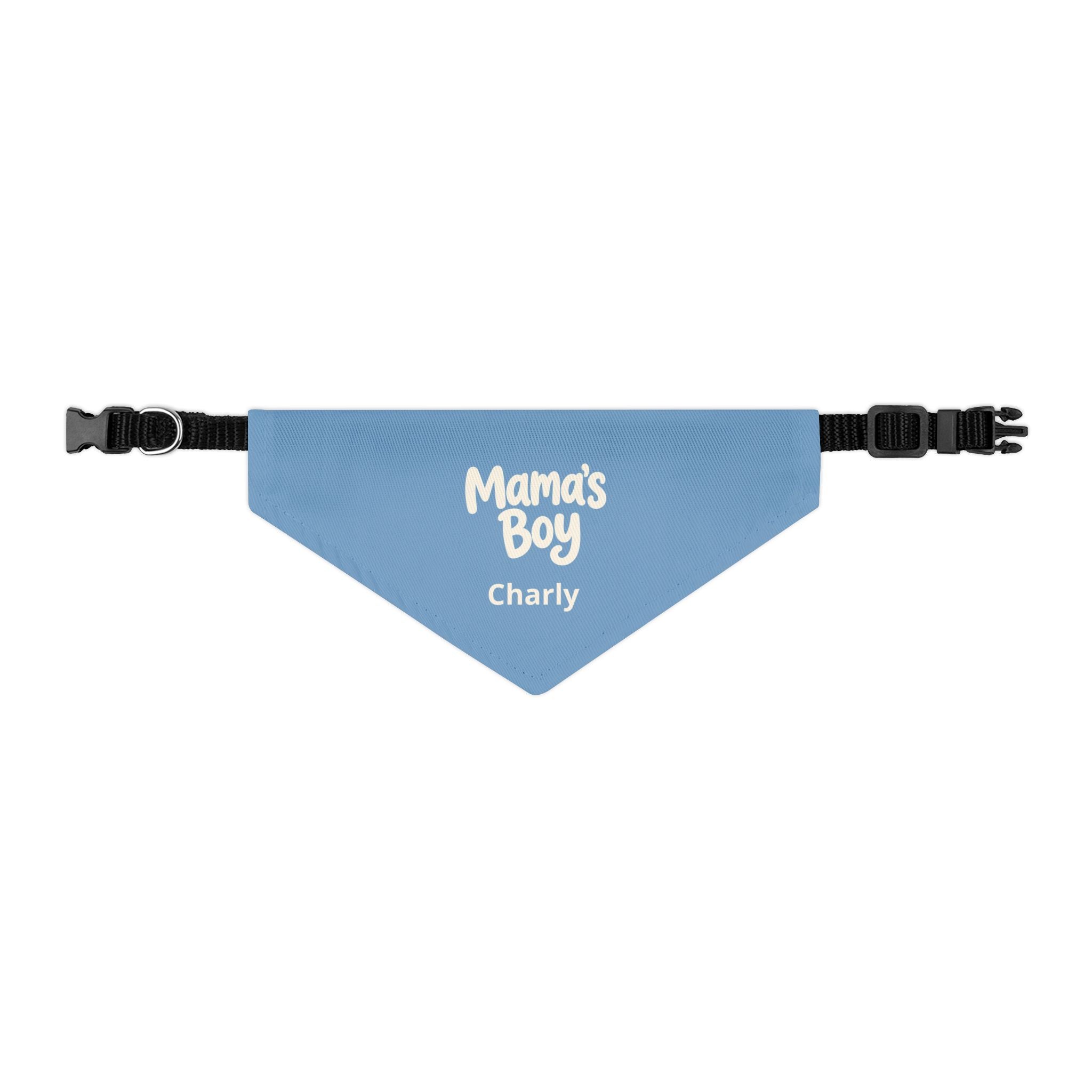 Custom dog name bandana on dog - sky blue Mamas Boy bandana with quick release buckle collar