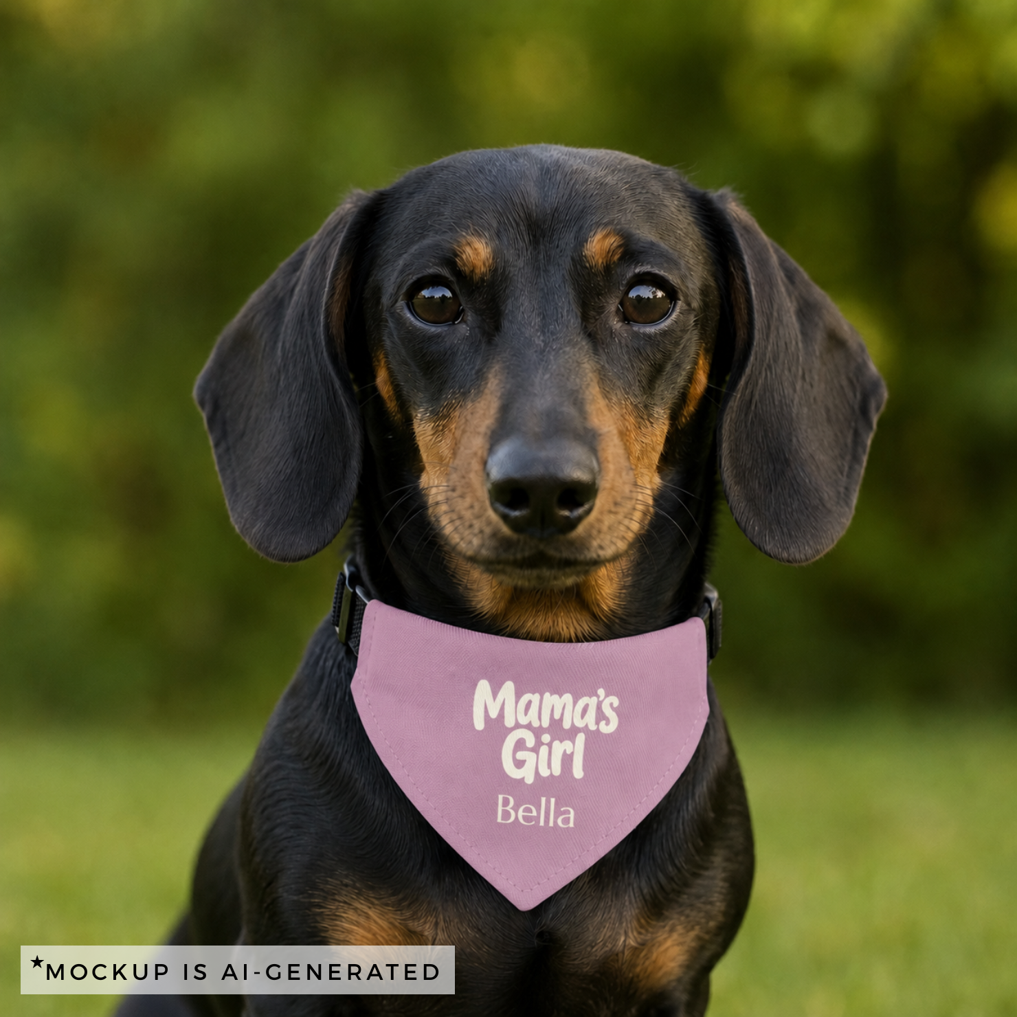 Mamas Girl dog bandana flat lay - mauve with cream typography and personalized pet name