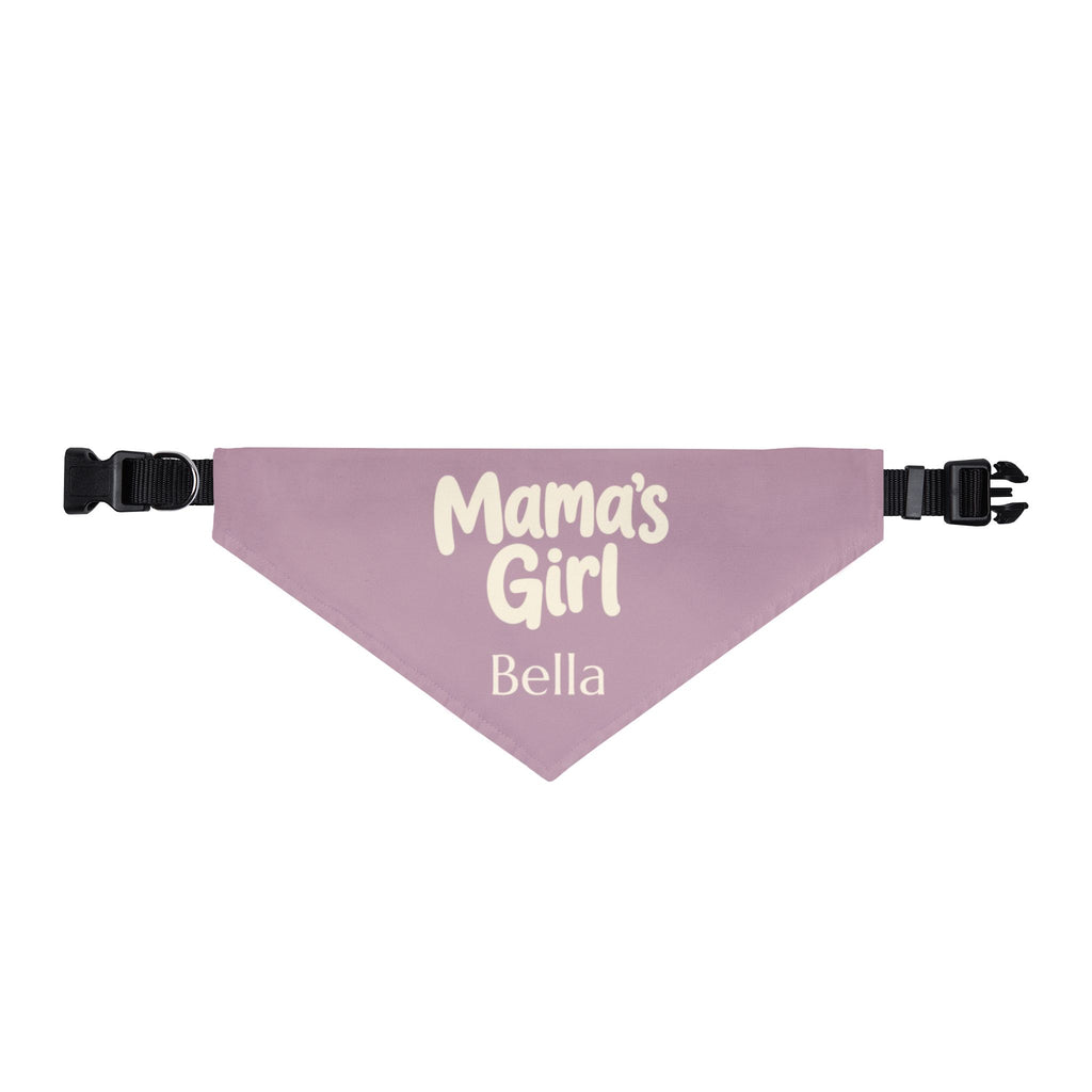 Personalized pet gift bandana in home setting - cute Mamas Girl dog accessory with custom name