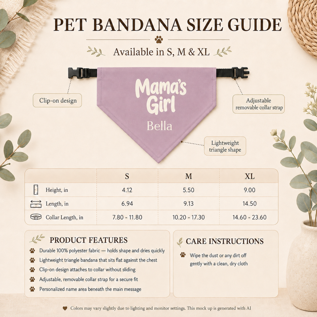 Mamas Girl dog bandana side view - soft mauve fabric with cream personalized text and buckle collar