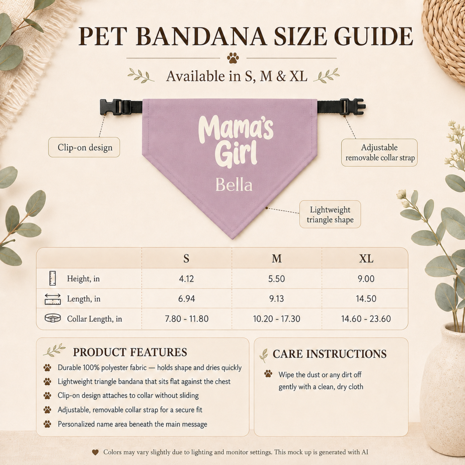 Mamas Girl dog bandana side view - soft mauve fabric with cream personalized text and buckle collar