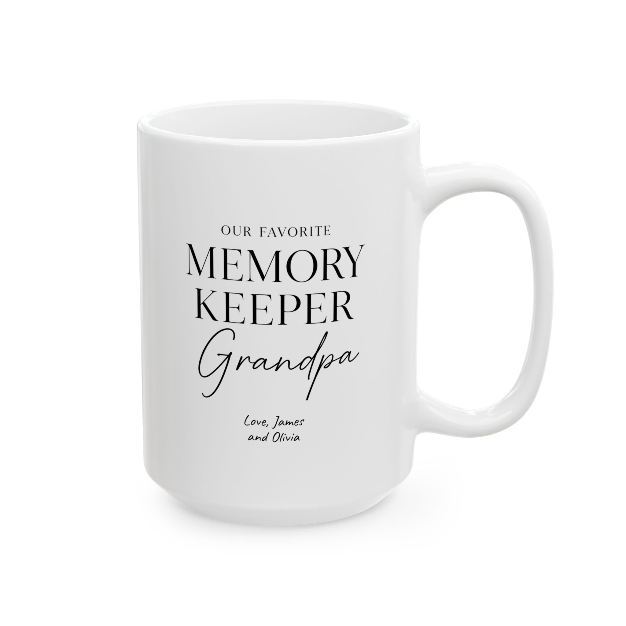 Custom grandpa name mug with grandkids names, white background product shot