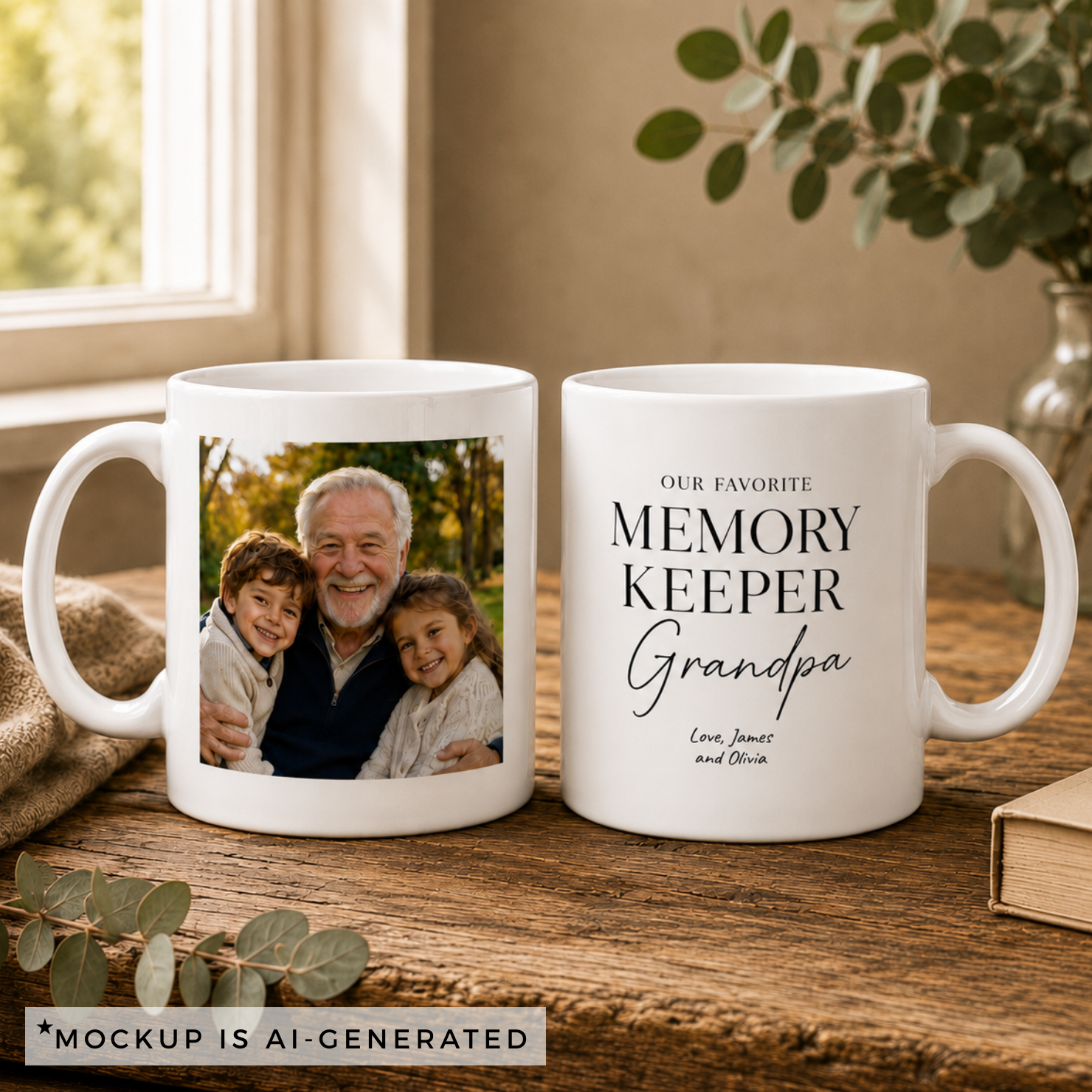 Personalized grandpa mug with minimalist black typography, side view
