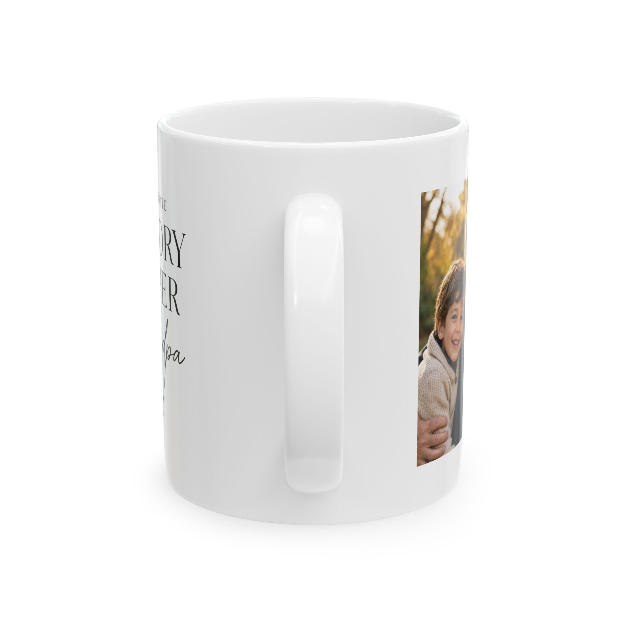 Grandpa birthday gift mug with grandkids names, close-up typography detail