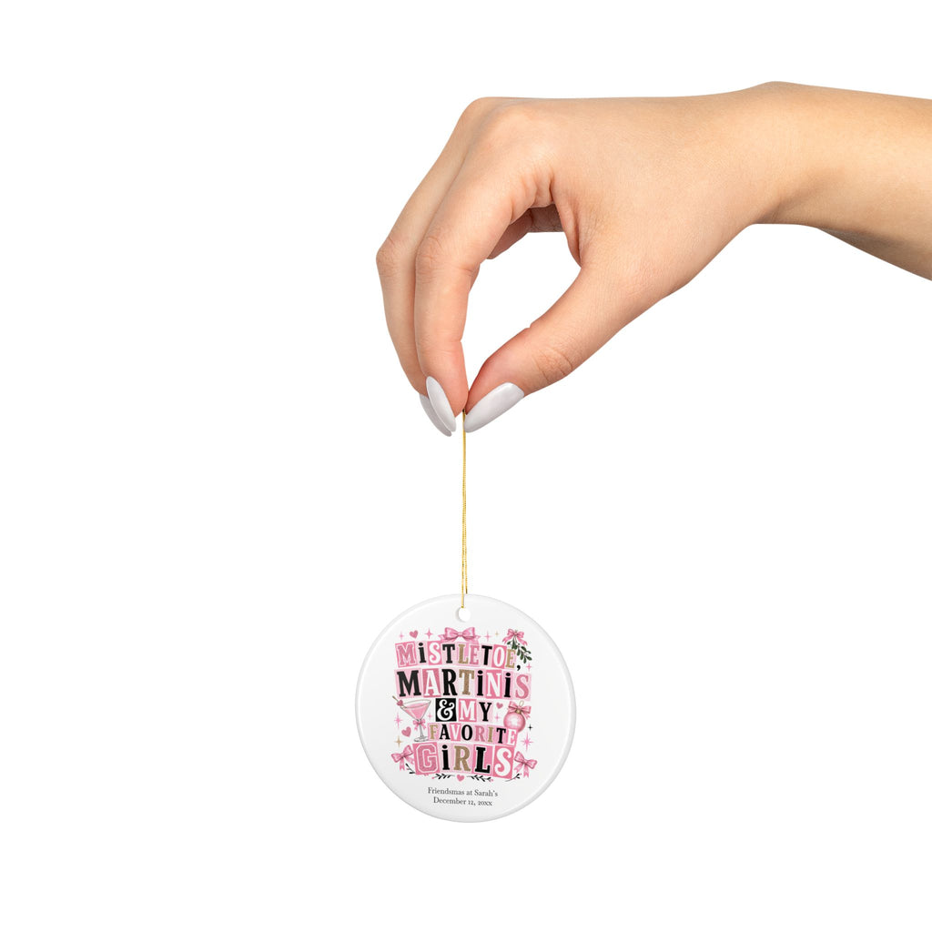 Back view of the ceramic Mistletoe and Martinis ornament with gold hanging string